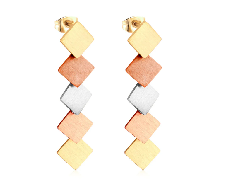 Tri-Tone Square Drop Earring